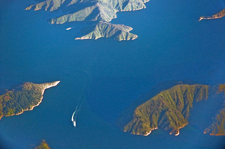 A Cook Strait ferry navigates Tory Channel in the Marlborough Sounds