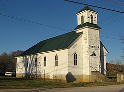 Front and western side of the First Baptist Church, located on the northwestern corner of the junction of Elm and Sinclair Streets in West Baden Springs, Indiana