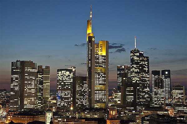 Commerzbank Tower at night, a focal point of the Frankfurt skyline