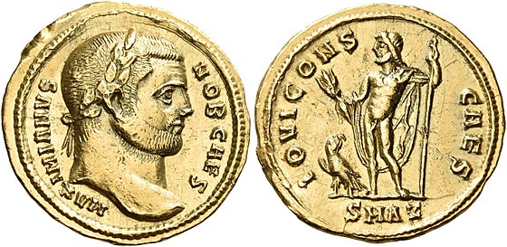 Aureus of Galerius, marked: "MAXIMIANVS NOB CAES / IOVI CONS CAES".[k]