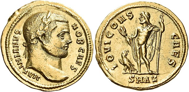 Aureus of Galerius, marked: "MAXIMIANVS NOB CAES / IOVI CONS CAES".