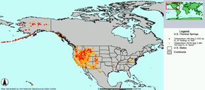 Distribution of geothermal springs in the US Geothermal springs map US.png