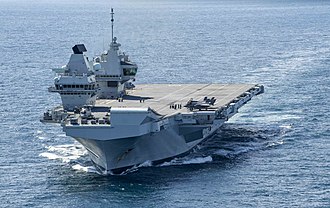 HMS Queen Elizabeth, one of two Queen Elizabeth-class aircraft carriers. HMS Queen Elizabeth (R08) underway in the Atlantic Ocean on 17 October 2019 (191017-N-QI061-2210).JPG