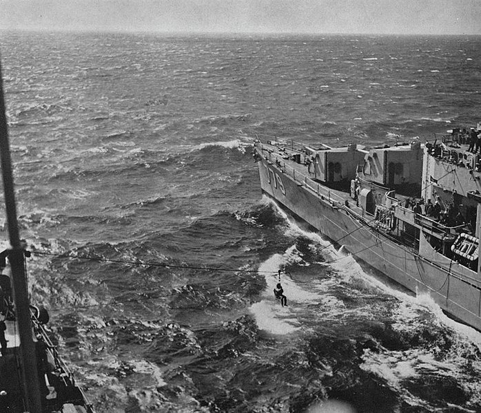 File:Highline transfer between USS Douglas H. Fox (DD-779) and USS Huntington (CL-107), in 1948.jpg