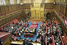 The House of Lords is a chamber mostly appointed by the prime minister, loosely based on the Lords' expertise, achievement, or political affiliation. Since the abolition of most hereditary peers, there has been ongoing debate about whether or how to elect the House of Lords. House of Lords 2011.jpg