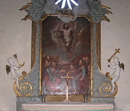 Altartavlan i Husby-Sjuhundra kyrka föreställer Kristi Himmelsfärd, målad 1773.