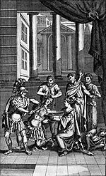 Illustration of the death of Chiron and Demetrius from Act 5, Scene 2; from The Works of Mr. William Shakespeare (1709), edited by Nicholas Rowe Illustration from Rowe.JPG