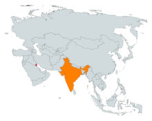 India and Kuwait enjoy mutual relationship due to the strategic position of both nations in the important lane of trade and development of Asia. India and Kuwait on Asian map.png