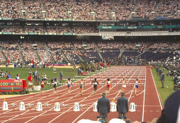 A 100 m hurdles race at Atlanta 1996