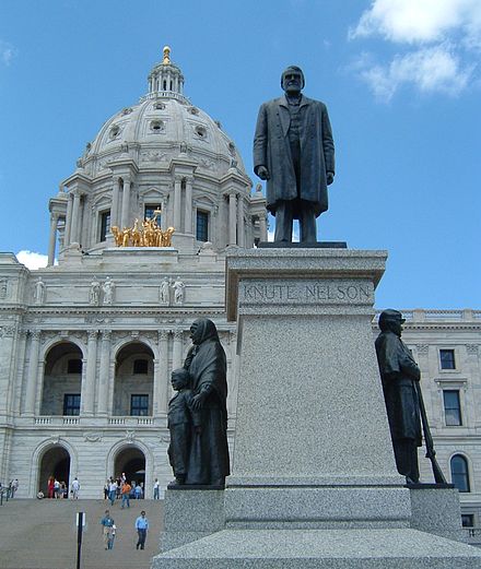A statue of Nelson stands in front of the Minnesota State Capitol