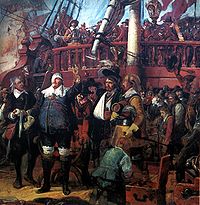 Christian IV of Denmark-Norway with his navy. The painting by Vilhelm Marstrand depicts him at the Battle of Colberger Heide, 1644. Kong-Kristian ubt.jpeg