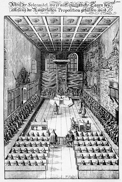 Seating plan for an inauguration of the Imperial Diet in the Regensburg Town Hall from a 1675 engraving: Emperor and prince-electors at the head, secu