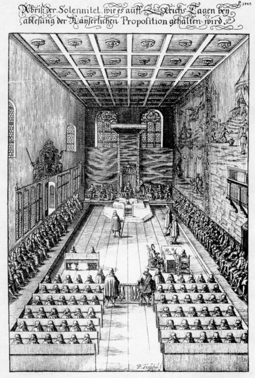 Seating plan for an inauguration of the Imperial Diet in the Regensburg Town Hall from a 1675 engraving: Emperor and prince-electors at the head, secu