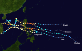 Tracks of typhoons that affected the Philippines during late 2006 Late 2006 Philippine typhoon tracks.png