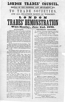 Poster issued by the London Trades Council, advertising a demonstration held on 2 June 1873. London Trades Demonstration.jpg