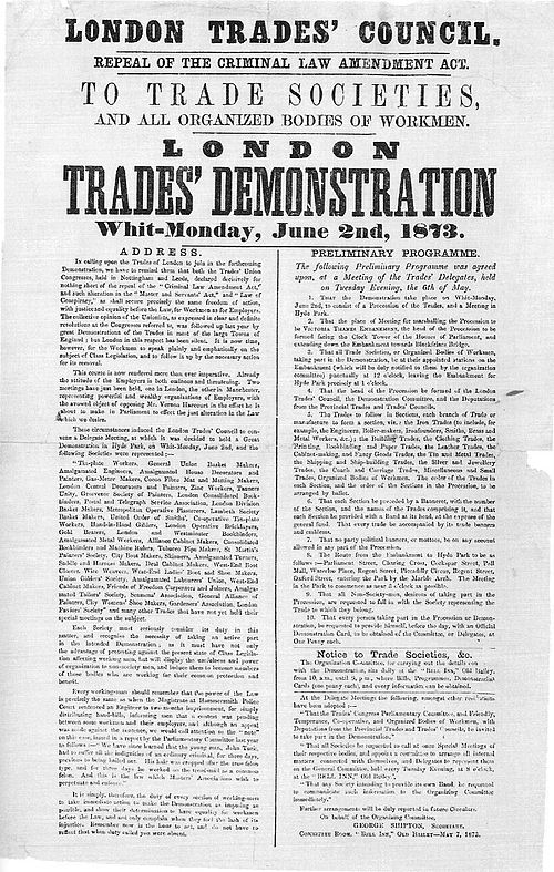 Poster issued by the London Trades Council, advertising a demonstration held on 2 June 1873