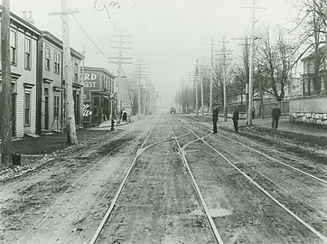 Looking south on Campbell Road (later Barrington Street) towards the corner of East Young street, Halifax, prior to 1917 explosion.jpg