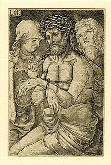 Man of Sorrows by Ludwig Krug, with cloth draping around the supposedly erect member of Jesus. The image also shows the ostentatio vulnerum of Jesus's wounds. Ludwig Krug, Christ as the Man of Sorrows-AN00083653 001 l.jpg