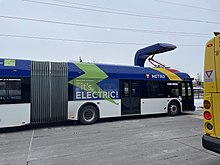 The route is expected to use some 60-foot articulated electric buses such as those on the Metro C Line. METRO C Line electric bus charging at BCTC (side).jpg