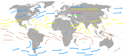 The westerlies (blue arrows) and trade winds (yellow and brown arrows) Map prevailing winds on earth.png