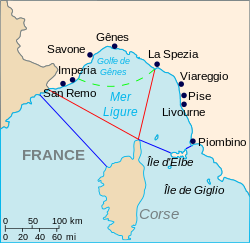 Carte de la mer de Ligurie avec en rouge ses limites selon l'Organisation hydrographique internationale et en bleu selon l'Institut hydrographique de la Marine militaire italienne.