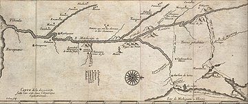 Ca. 1681 map of Marquette and Jolliet's 1673 expedition showing a Moingona village along what is now the Des Moines River. Marquette and jolliet map 1681.jpg