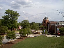 Mercer's Central Quad, location of the Jack Tarver Library (with the clock tower) and Stetson Hall (on the right); Stetson Hall houses the Stetson-Hatcher School of Business and the Tift College of Education Mercer University Central Quadrangle.jpg