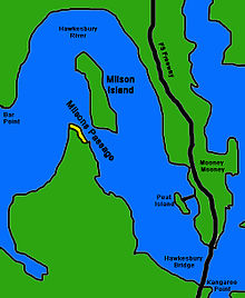 Sketch map of Milsons Passage & Milson Island on the Hawkesbury River . The passage in the Hawkesbury River called Milsons Passage is marked on the map. Milson Island, only accessible by boat or ferry is marked on the map. The suburb by the name of Milsons Passage is marked on the map in yellow. The suburb is only accessible by boat. Milsons Passage & Milson Island.jpg