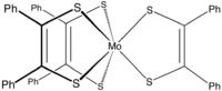 Structure of
.mw-parser-output .template-chem2-su{display:inline-block;font-size:80%;line-height:1;vertical-align:-0.35em}.mw-parser-output .template-chem2-su>span{display:block;text-align:left}.mw-parser-output sub.template-chem2-sub{font-size:80%;vertical-align:-0.35em}.mw-parser-output sup.template-chem2-sup{font-size:80%;vertical-align:0.65em}
Mo(S2C2Ph2)3 Mo(dith)3.png