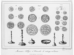 Representación de diferentes monedas acuñadas en Argel (Atlas Rozet, 1833, BnF).