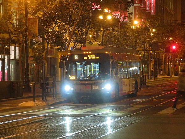 N-Judah Owl Muni bus at Market and Fifth (August 2018)