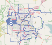 Closeup of the Las Vegas Valley with District 8 colored blue Nevada Senate, District 8.png