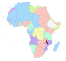 Nyasaland (modern-day Malawi), highlighted in dark red on a map of pre-World War I Africa Nysaland in Africa 1913.png