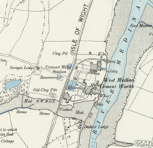 Ordnance Survey map of the station and its immediate surroundings. OS 1896 Cement Mills Halt.png