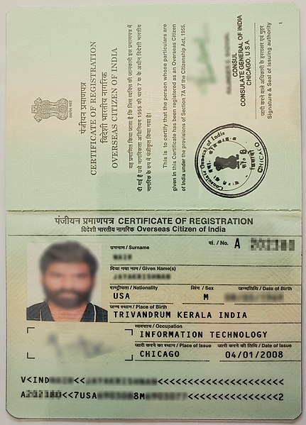 Data page of an OCI card issued between 9 January 2006 and 8 January 2015