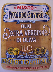 Italian label for "extra vergine" oil Olio prodotto in Liguria.JPG
