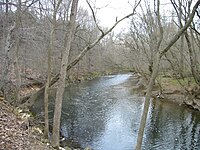A stream curves between two banks lined with bare trees