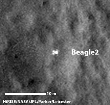 Beagle 2, after 11 years found and showing that it made it to the surface but did not expand fully to transmit