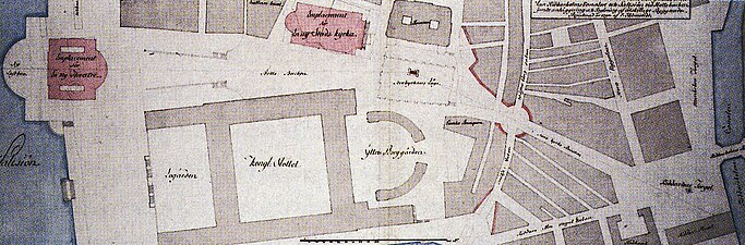 Erik Palmstedts förslag till omgestaltning av Slottsbacken med omgivning från 1790 (norr är nedåt)