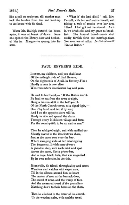 "Paul Revere's Ride" was first published in The Atlantic Monthly in 1861.