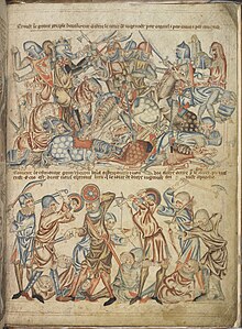 Depiction of the Battle of Bannockburn from the Holkham Bible. Peers and commoners fighting - The Holkham Bible Picture Book (c.1320-1330), f.40 - BL Add MS 47682.jpg