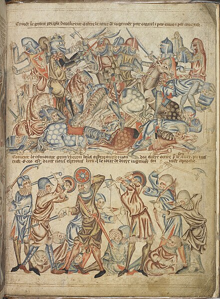 Holkham Bible, c. 1330: Depiction of a biblical battle, giving an impression of how soldiers were equipped at Bannockburn.