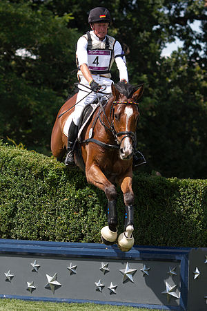 Peter Thomsen and Barny, competing for GER, at fence 26, during the cross-country phase of the Eventing during the 2012 Olympic Games in Greenwich Park, London.