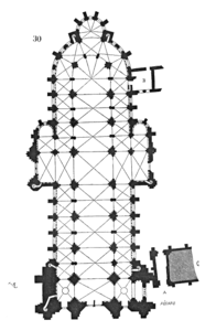 Plano de la katedralo de Sens, frugotika trinava baziliko (ekde 1140/45) kun poste alkonstruita transversa domo