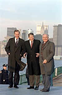 President Ronald Reagan and Vice President George H. W. Bush meet with Soviet General Secretary Mikhail Gorbachev on Governor's Island New York.jpg