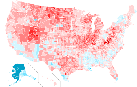 Change in popular vote margins at the county level from the 2008 election to the 2012 election. Blue denotes counties that voted more Democratic. Red denotes counties that voted more Republican. Romney's strongest improvements over McCain were in Utah and Appalachia, while Obama's strongest gains were in Alaska, the New York area, and the Gulf states.