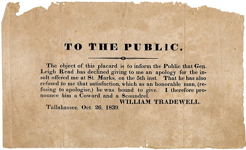 File:Public Notice of call for duel between Leigh Read and William Tradewell.jpg