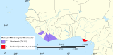 Map of west Africa, showing two distinct subspecies: liberiensis in the area of Liberia and heslopi in Nigeria.