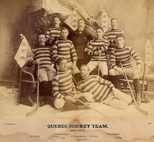 Quebec Hockey Club in 1891–92. Players are Bertram Patton, Herbert Bignell, Arthur Dickson Scott, Charles Smith, Arthur Edward Scott, Herbert Scott, R