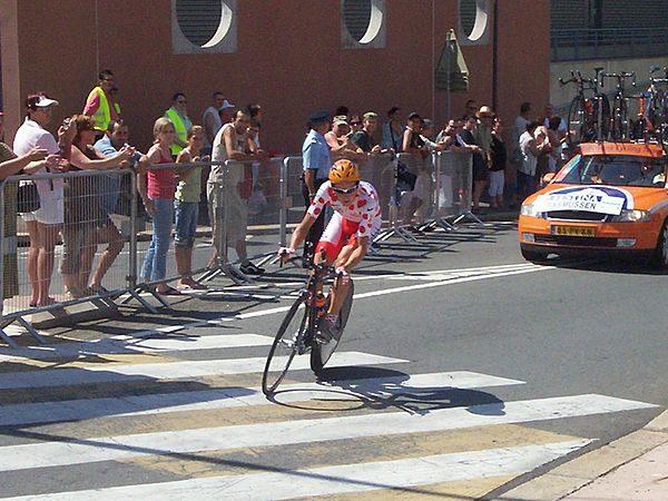 Michael Rasmussen in the polka dot jersey as leader of the mountains classification in the 2006 Tour de France